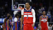 Nov 10, 2025; Detroit, Michigan, USA;  Washington Wizards guard Bub Carrington (7) reacts after the game against the Detroit Pistons at Little Caesars Arena. Mandatory Credit: Rick Osentoski-Imagn Images