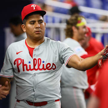 Sep 5, 2024; Miami, Florida, USA; Philadelphia Phillies starting pitcher Ranger Suarez (55) celebrates with teammates against the Miami Marlins after the second inning at loanDepot Park.