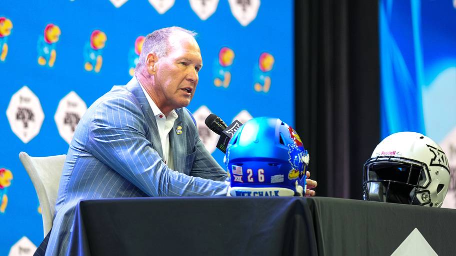 Kansas coach Lance Leipold speaks to reporters during Big 12 conference football media days .