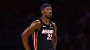 Oct 30, 2024; Miami, Florida, USA; Miami Heat forward Jimmy Butler (22) looks on against the New York Knicks during the second quarter at Kaseya Center. Mandatory Credit: Sam Navarro-Imagn Images
