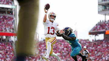 Sep 28, 2025; Santa Clara, California, USA; San Francisco 49ers quarterback Brock Purdy (13) passes the ball during the first half against the Jacksonville Jaguars at Levi's Stadium. Mandatory Credit: Kyle Terada-Imagn Images