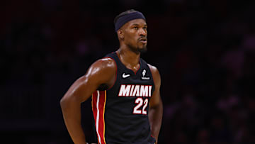 Oct 30, 2024; Miami, Florida, USA; Miami Heat forward Jimmy Butler (22) looks on against the New York Knicks during the second quarter at Kaseya Center. Mandatory Credit: Sam Navarro-Imagn Images
