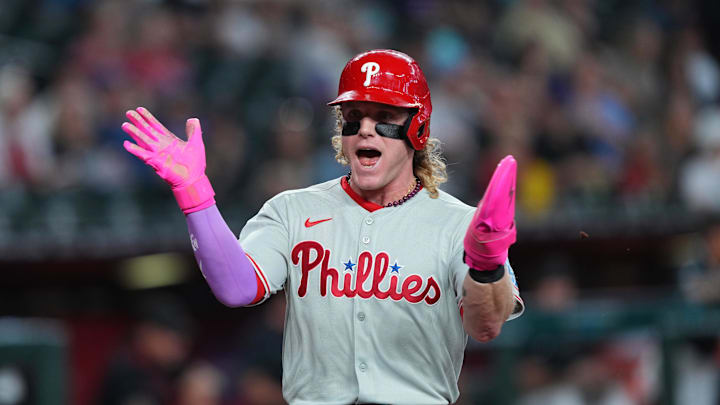 Sep 20, 2025; Phoenix, Arizona, USA; Philadelphia Phillies outfielder Harrison Bader (2) scores a run against the Arizona Diamondbacks during the first inning at Chase Field. Mandatory Credit: Joe Camporeale-Imagn Images