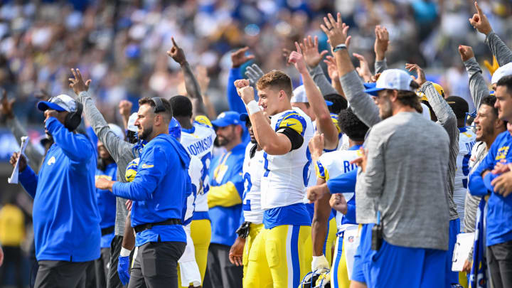 Aug 11, 2024; Inglewood, California, USA; The Los Angeles Rams celebrate on the sidelines after scoring a touchdown against the Dallas Cowboys during the fourth quarter at SoFi Stadium. Mandatory Credit: Jonathan Hui-USA TODAY Sports