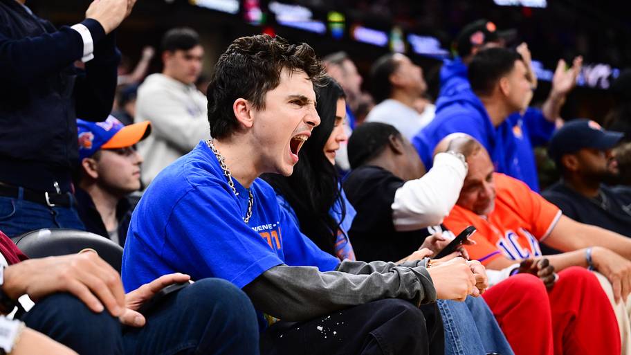 American actor Timothée Chalamet reacts after the New York Knicks defeat the Cleveland Cavaliers.