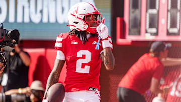Sep 20, 2025; Lincoln, Nebraska, USA; Nebraska Cornhuskers wide receiver Jacory Barney Jr. (2) reacts after scoring a touchdown against the Michigan Wolverines during the second quarter at Memorial Stadium. Mandatory Credit: Dylan Widger-Imagn Images