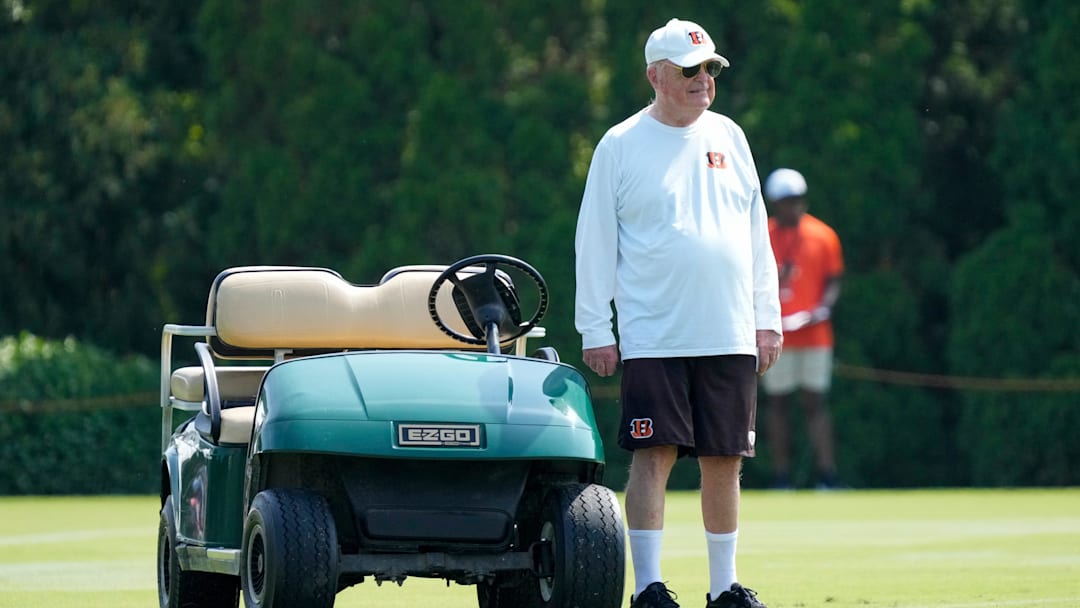 Cincinnati Bengals owner Mike Brown stands by at practice during the second day of preseason training camp in downtown Cincinnati on Thursday, July 24, 2025.