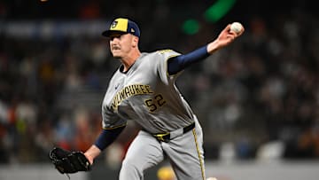 Apr 23, 2025; San Francisco, California, USA; Milwaukee Brewers pitcher Bryan Hudson (52) throws against the San Francisco Giants in the eighth inning at Oracle Park. Mandatory Credit: Eakin Howard-Imagn Images