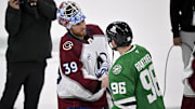May 3, 2025; Dallas, Texas, USA; Colorado Avalanche goaltender Mackenzie Blackwood (39) shakes hands with Dallas Stars right wing Mikko Rantanen (96) after the Stars defeats the Avalanche in game seven of the first round of the 2025 Stanley Cup Playoffs at American Airlines Center. Mandatory Credit: Jerome Miron-Imagn Images