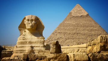 The Great Sphinx of Giza and the Pyramid of Khafre.