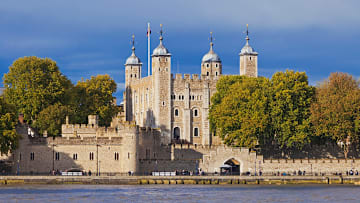 The Tower of London as seen from the River Thames.