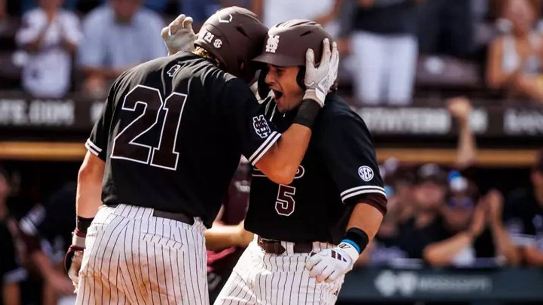 Mississippi State Outfielder Aidan Teel (#5) Mississippi State Catcher Kevin Milewski (#21) during the game between the Louisiana State and the Mississippi State Bulldogs at Dudy Noble Field at Polk-Dement Stadium in Starkville, MS. Mississippi State Outfielder Aidan Teel (#5) Mississippi State Catcher Kevin Milewski (#21) during the game between the Louisiana State and the Mississippi State Bulldogs at Dudy Noble Field at Polk-Dement Stadium in Starkville, MS.