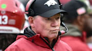 Arkansas Razorbacks interim coach Bobby Petrino on the sidelines against the Auburn Tigers at Razorback Stadium in Fayetteville, Ark.