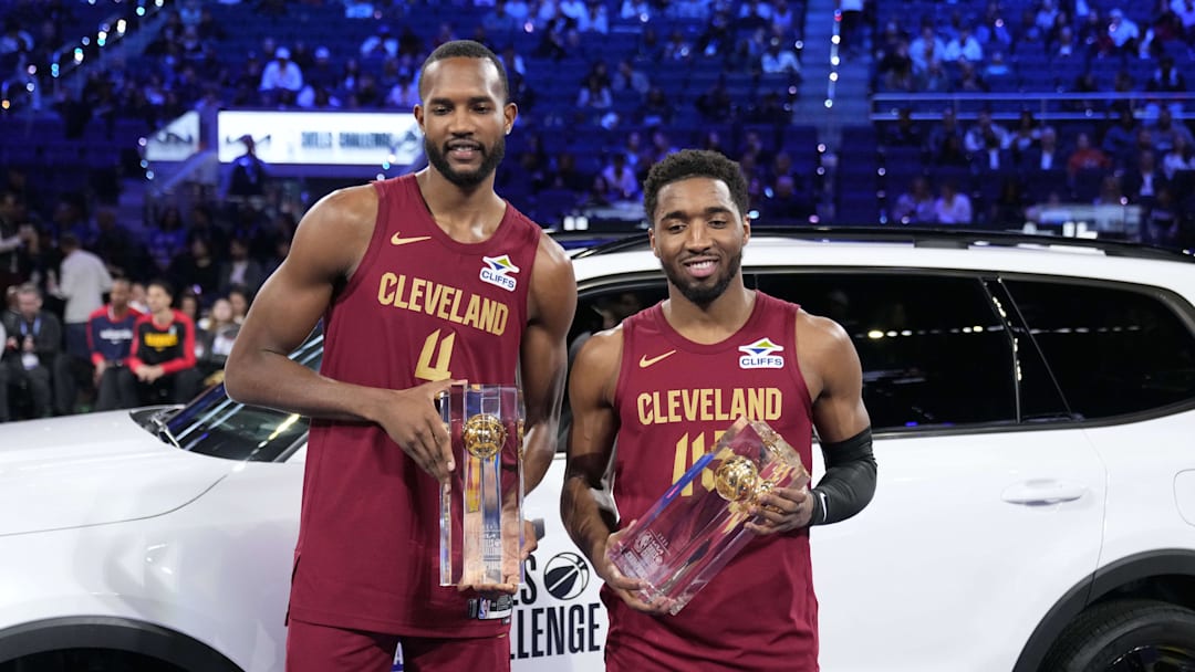 Feb 15, 2025; San Francisco, CA, USA; Team Cavs center Evan Mobley (4) and guard Donovan Mitchell (45) of the Cleveland Cavaliers celebrate with the trophies after winning the skills challenge during All Star Saturday Night ahead of the 2025 NBA All Star Game at Chase Center. Mandatory Credit: Kyle Terada-Imagn Images Feb 15, 2025; San Francisco, CA, USA; Team Cavs center Evan Mobley (4) and guard Donovan Mitchell (45) of the Cleveland Cavaliers celebrate with the trophies after winning the skills challenge during All Star Saturday Night ahead of the 2025 NBA All Star Game at Chase Center. Mandatory Credit: Kyle Terada-Imagn Images