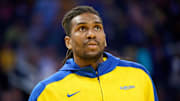 Apr 13, 2025; San Francisco, California, USA; Golden State Warriors forward Kevon Looney (5) warms up before the game between the Golden State Warriors and the LA Clippers at Chase Center. Mandatory Credit: Robert Edwards-Imagn Images