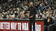 Jan 17, 2025; Boston, Massachusetts, USA; Orlando Magic head coach Jamahl Mosley looks on during the first half against the Boston Celtics at TD Garden. 