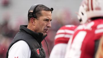 Nov 29, 2024; Madison, Wisconsin, USA;  Wisconsin Badgers head coach Luke Fickell looks on during the fourth quarter against the Minnesota Golden Gophers at Camp Randall Stadium. Mandatory Credit: Jeff Hanisch-Imagn Images