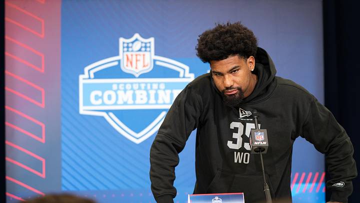 Feb 27, 2026; Indianapolis, IN, USA; Mississippi wideout De'Zhaun Stribling (WO35) speaks to members of the media during the NFL Combine at the Indiana Convention Center. Mandatory Credit: Jacob Musselman-Imagn Images