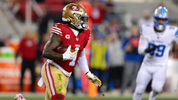 Dec 30, 2024; Santa Clara, California, USA; San Francisco 49ers wide receiver Deebo Samuel Sr. (1) during the game against the Detroit Lions at Levi's Stadium. Mandatory Credit: Sergio Estrada-Imagn Images