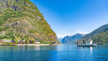 Passenger ferry on Aurlandsfjord near Flam, Norway.