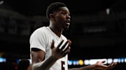 Mississippi State Bulldogs guard Shawn Jones Jr. (5) reacts during the first half against the Baylor Bears in the first round of the NCAA Tournament at Lenovo Center.