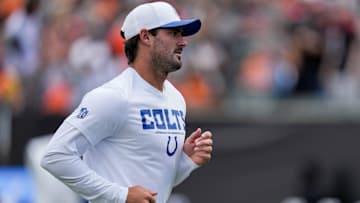 Indianapolis Colts quarterback Daniel Jones (17) leaves the field at the half Saturday, Aug. 23, 2025, during a game against the Cincinnati Bengals at Paycor Stadium in Cincinnati.