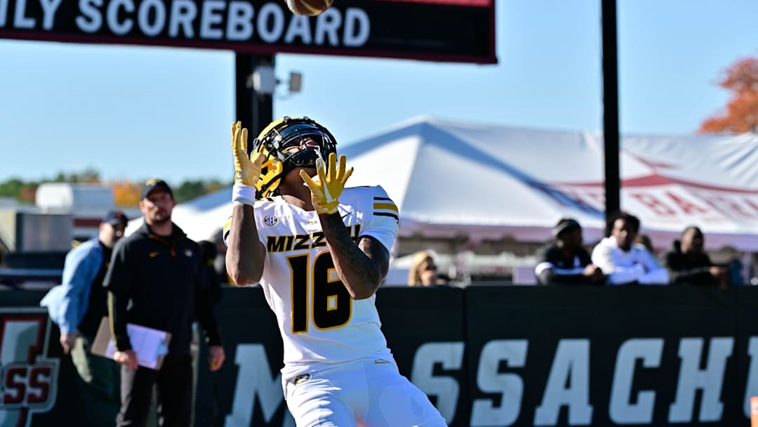 Oct 12, 2024; Amherst, Massachusetts, USA; Missouri Tigers wide receiver Daniel Blood (16) warms up before a game against the Massachusetts Minutemen at Warren McGuirk Alumni Stadium. Mandatory Credit: Eric Canha-Imagn Images