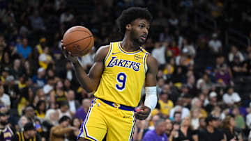 Oct 4, 2024; Palm Desert, California, USA; Los Angeles Lakers guard Bronny James (9) looks to pass against the Minnesota Timberwolves during the second half at Acrisure Arena. Mandatory Credit: Jonathan Hui-Imagn Images
