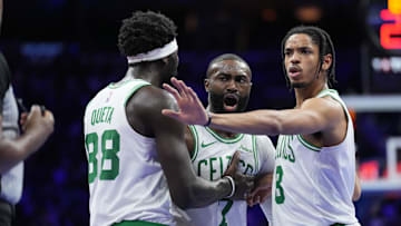 Oct 31, 2025; Philadelphia, Pennsylvania, USA; Boston Celtics forward Jaylen Brown (7) reacts with teammates after receiving a technical foul against the Philadelphia 76ers in the third quarter at Xfinity Mobile Arena. Mandatory Credit: Kyle Ross-Imagn Images