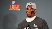 Eagles quarterback Jalen Hurts speaks to the media after defeating the Kansas City Chiefs in Super Bowl LIX.