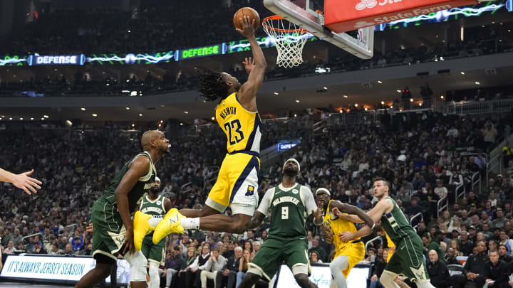 Apr 30, 2024; Milwaukee, Wisconsin, USA;  Indiana Pacers forward Aaron Nesmith (23) shoots during the Pacers Game 5 battle with the Milwaukee Bucks.