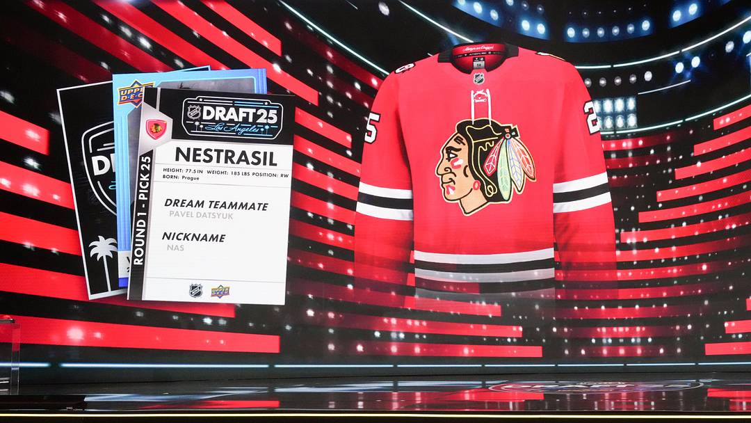 Jun 27, 2025; Los Angeles, California, USA; Vaclav Nestrasil is selected as the 25th overall pick to the Chicago Blackhawks in the first round of the 2025 NHL Draft at Peacock Theater. Mandatory Credit: Kirby Lee-Imagn Images