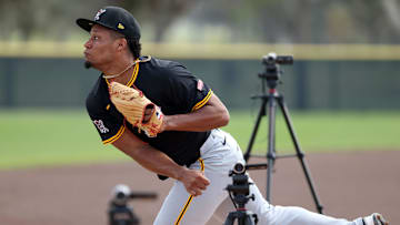 Feb 12, 2025; Bradenton, FL, USA;  Pittsburgh Pirates pitcher Dauri Moreta (36) during spring training workouts at Pirate City. Mandatory Credit: Kim Klement Neitzel-Imagn Images