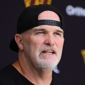 Aug 15, 2024; Miami Gardens, FL, USA;  Washington Commanders head coach Dan Quinn talks to reporters before joint practice with the Miami Dolphins at Baptist Health Training Complex. Mandatory Credit: Sam Navarro-USA TODAY Sports