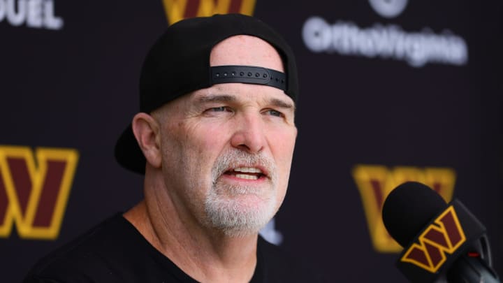 Aug 15, 2024; Miami Gardens, FL, USA;  Washington Commanders head coach Dan Quinn talks to reporters before joint practice with the Miami Dolphins at Baptist Health Training Complex. Mandatory Credit: Sam Navarro-USA TODAY Sports