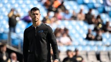 Nov 3, 2024; Charlotte, North Carolina, USA; Carolina Panthers head coach Dave Canales during warm ups before the game at Bank of America Stadium. Mandatory Credit: Bob Donnan-Imagn Images