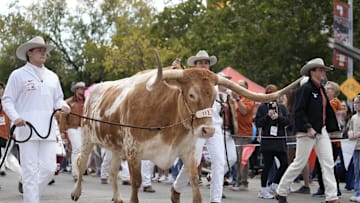 Nov 1, 2025; Austin, Texas, USA; Texas Longhorns live mascot Bevo enters Darrell K Royal-Texas Memorial Stadium before a game against the Vanderbilt Commodores. Mandatory Credit: Scott Wachter-Imagn Images