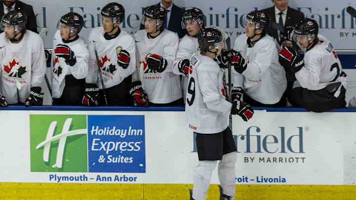 Aug 2, 2024; Plymouth, MI, USA; Canada forward Cole Beaudoin (29) celebrates a goal against Finland with teammates during the second period of the 2024 World Junior Summer Showcase at USA Hockey Arena. Mandatory Credit: David Reginek-Imagn Images