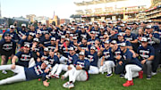Sep 28, 2025; Cleveland, Ohio, USA;  The Cleveland Guardians celebrate after winning the American League Central Division at Progressive Field. Mandatory Credit: Ken Blaze-Imagn Images