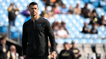 Nov 3, 2024; Charlotte, North Carolina, USA; Carolina Panthers head coach Dave Canales during warm ups before the game at Bank of America Stadium.