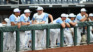 Jun 18, 2024; Omaha, NE, USA; North Carolina Tar Heels players look an after a loss against the Florida State Seminoles at Charles Schwab Field Omaha. Mandatory Credit: Steven Branscombe-USA TODAY Sports