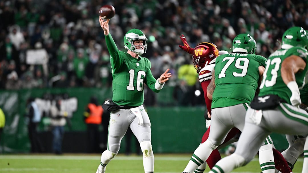 Jan 4, 2026; Philadelphia, Pennsylvania, USA; Philadelphia Eagles quarterback Tanner McKee (16) throws a pass during the second quarter against the Washington Commanders at Lincoln Financial Field. Mandatory Credit: Eric Hartline-Imagn Images