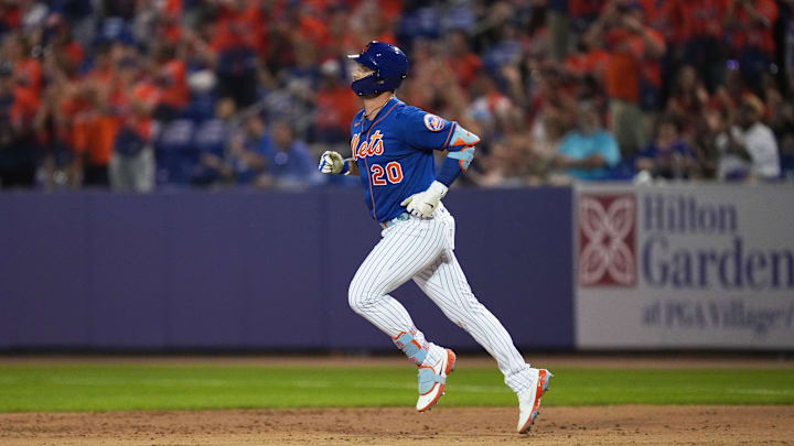 Feb 25, 2023; Port St. Lucie, Florida, USA; New York Mets first baseman Pete Alonso (20) rounds the bases after hitting a home run in the second inning against the Miami Marlins at Clover Park. Mandatory Credit: Jim Rassol-Imagn Images