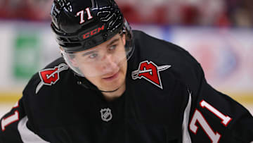 Oct 26, 2024; Buffalo, New York, USA;  Buffalo Sabres center Ryan McLeod (71) waits for the face-off during the second period against the Detroit Red Wings at KeyBank Center. Mandatory Credit: Timothy T. Ludwig-Imagn Images