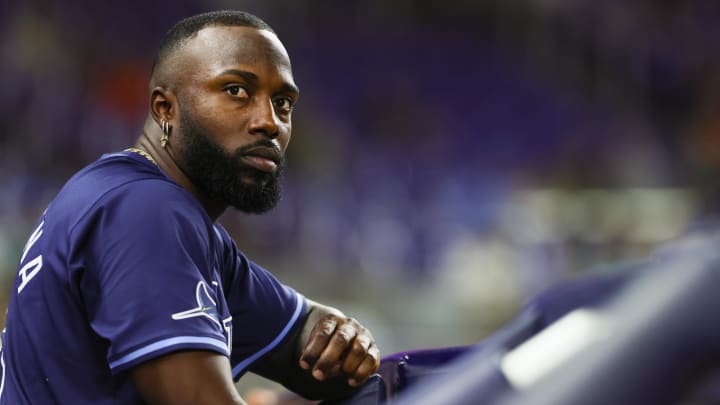 Jun 5, 2024; Miami, Florida, USA; Tampa Bay Rays left fielder Randy Arozarena (56) looks on against the Miami Marlins during the ninth inning at loanDepot Park