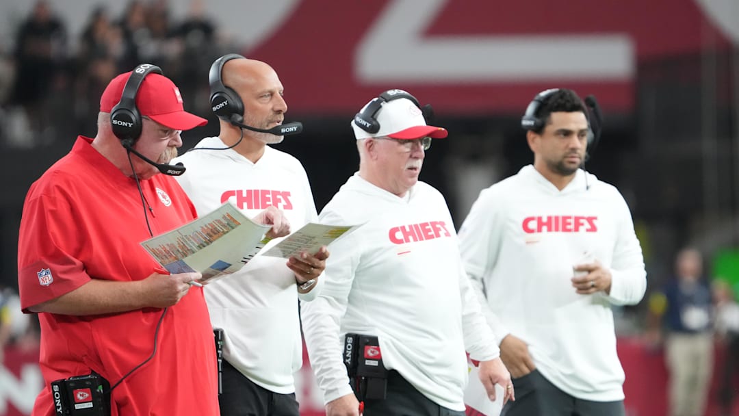 Aug 9, 2025; Glendale, Arizona, USA; Kansas City Chiefs head coach Andy Reid and staff look on against the Arizona Cardinals during the first half at State Farm Stadium. Mandatory Credit: Joe Camporeale-Imagn Images