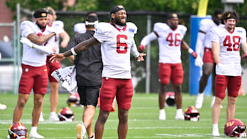 Aug 6, 2025; Foxborough, MA, USA; Washington Commanders wide receiver Tay Martin (6) stretches at training camp at Gillette Stadium. Mandatory Credit: Eric Canha-Imagn Images