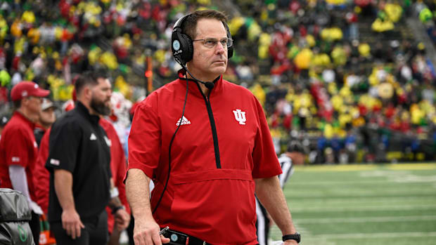 Oct 11, 2025; Eugene, Oregon, USA; Indiana Hoosiers head coach Curt Cignetti watches game play against the Oregon Ducks.