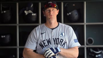 Jun 2, 2024; San Francisco, California, USA; New York Yankees third baseman DJ LeMahieu (26) stands in the dugout while wearing a patch to commemorate Lou Gehrig Day before the game against the San Francisco Giants at Oracle Park. Mandatory Credit: Darren Yamashita-USA TODAY Sports