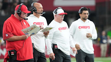 Aug 9, 2025; Glendale, Arizona, USA; Kansas City Chiefs head coach Andy Reid and staff look on against the Arizona Cardinals during the first half at State Farm Stadium. Mandatory Credit: Joe Camporeale-Imagn Images